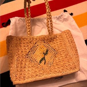 Rouje Raffia Crochet Shoulder Bag with Green Floral Embroidery